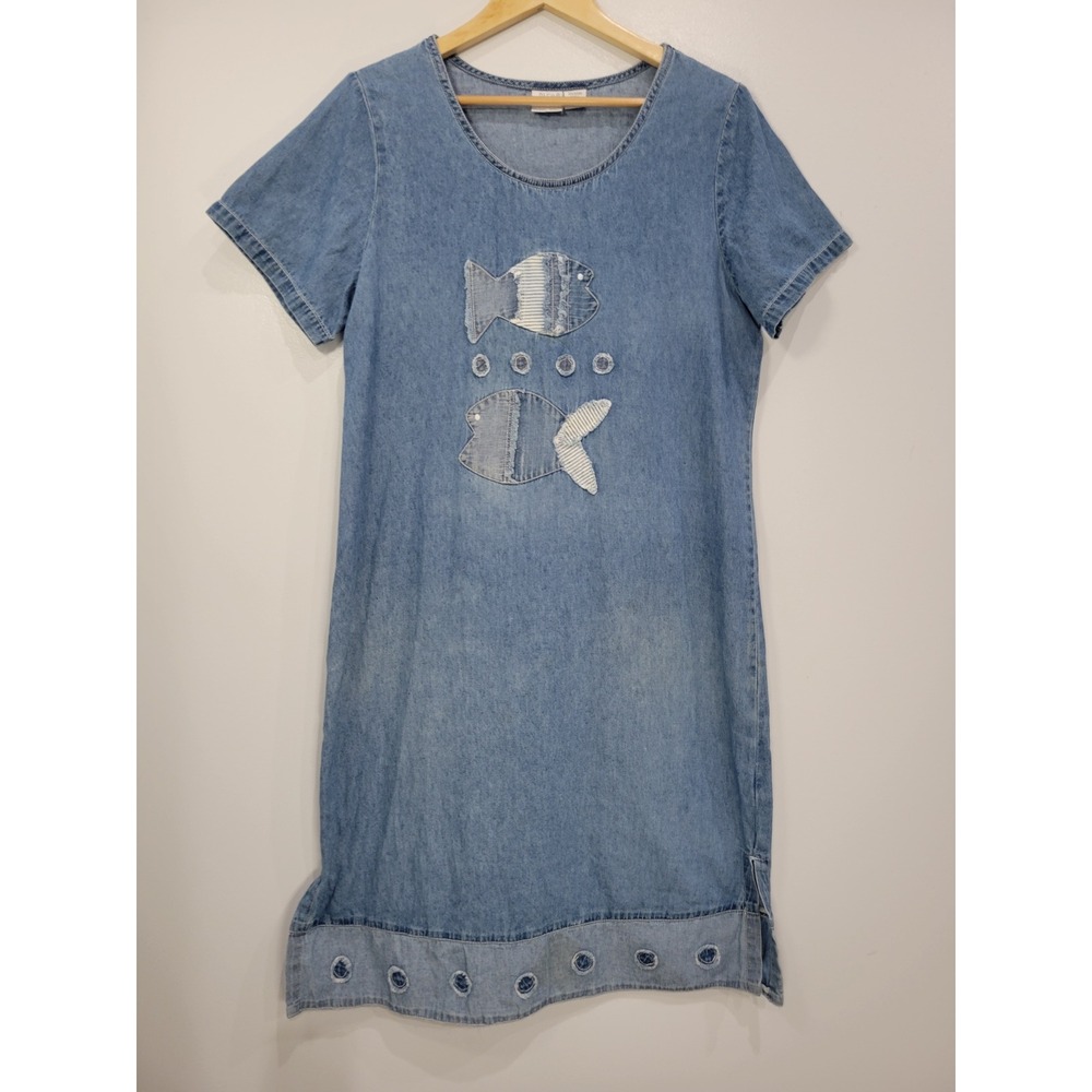 Bleu Bayou Womens Blue Denim Fish Patchwork Shift Dress Light Wash Large L
